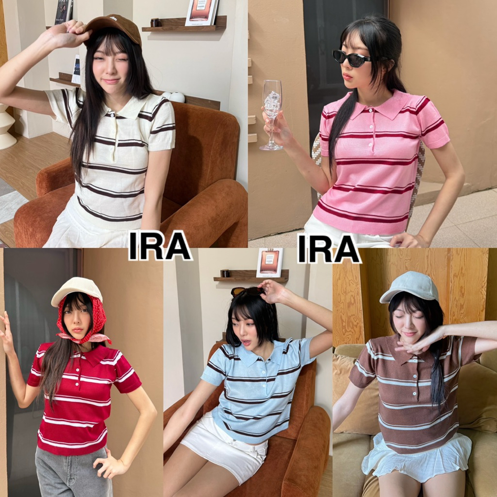 BY IRA Brianna Top เสื้อคอปกไหมพรมลายทาง กระดุมแกะได้ ผ้านิ่มยืดทรงสวย สไตล์สาวเกาหลี