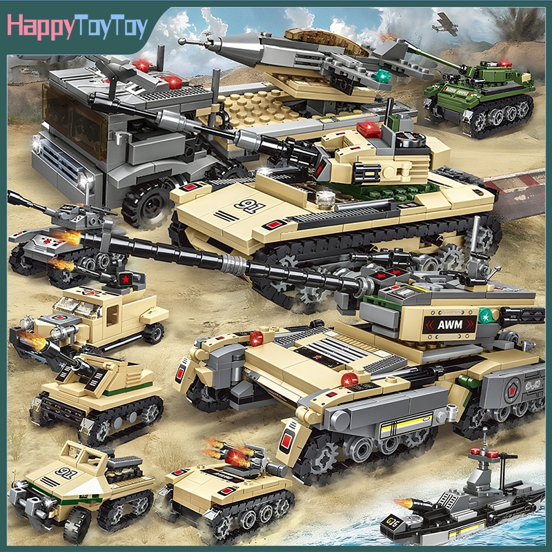 บล็อกตัวต่อ 1000Pcs ของเล่นเด็ก ทหาร เฮลิคอปเตอร์ รถถัง ของเล่นเด็กโต