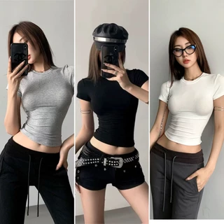 Bella Shop เสื้อยืดเซ็กซี่ เสื้อยืดแขนสั้นคอกลมสำหรับผู้หญิง ดีไซน์เรียบหรูและดูดี