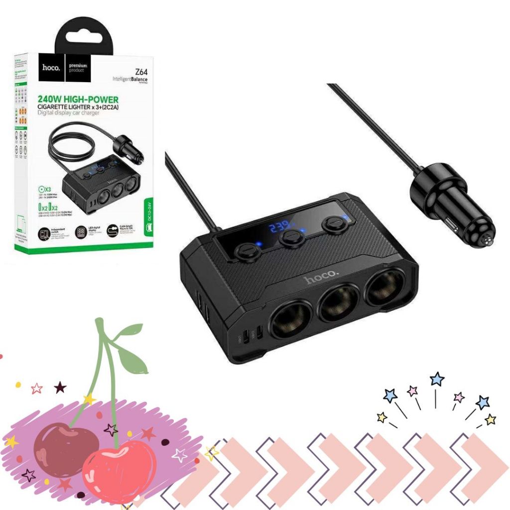 พร้อมส่งจากไทย Hoco Z64 240W HIGH-POWER LIGHTER x 3 + (2C2A) Digital display car charger อุปกรณ์เพิ่
