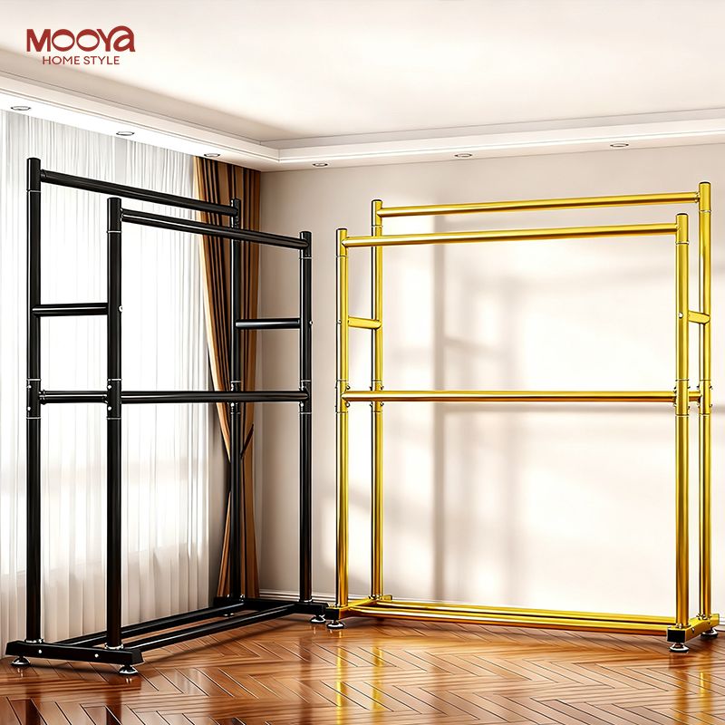 [รุ่นบาร์คู่] ราวตากผ้า พร้อมชั้นวางของ150cm*50cm*180cm ราวแขวน ตากผ้าคอนโด  ราวตากผ้าอเนกประสงค์ เเข็งเเรง