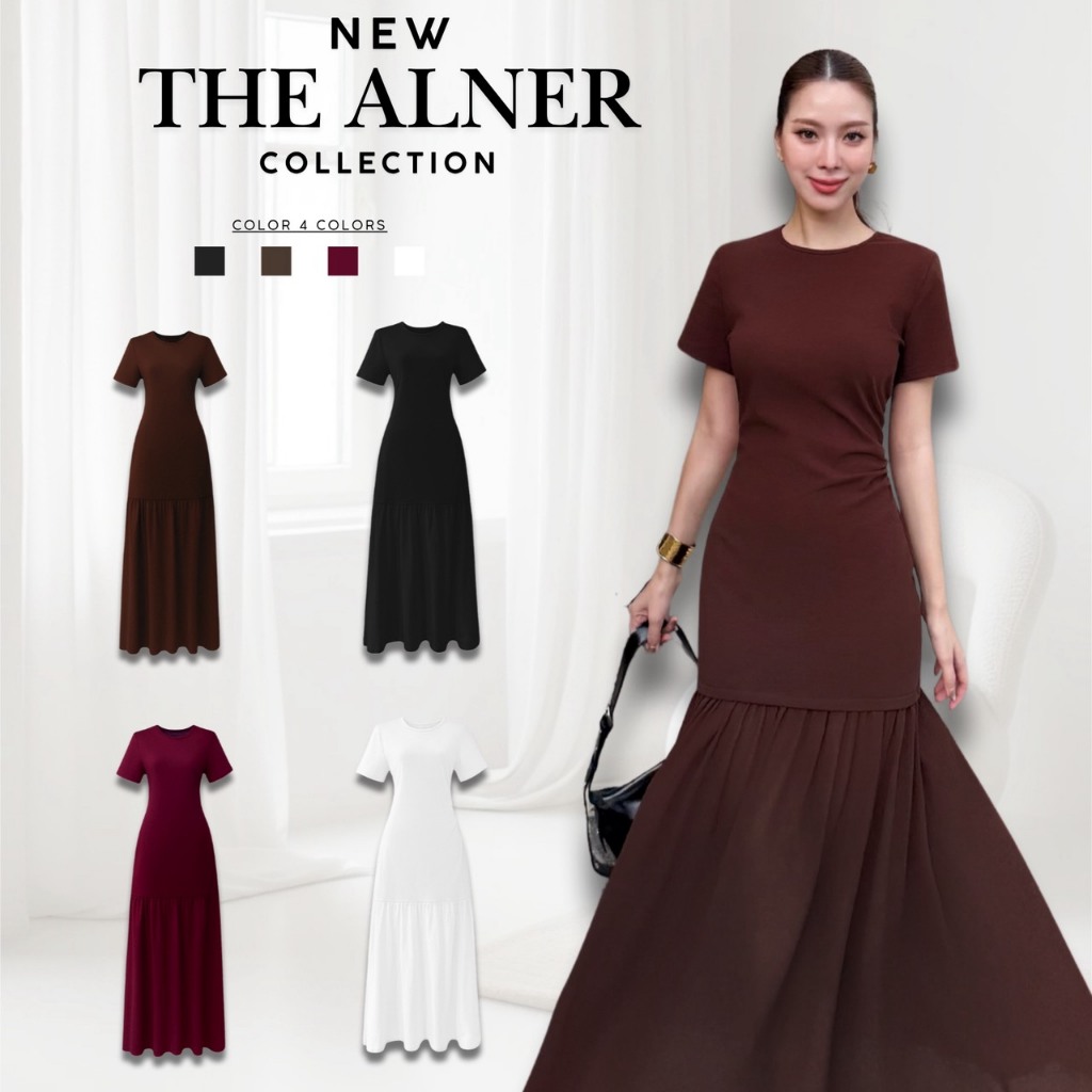 Thealner (เดรสยาวคอวีแขนสั้นจีบเอว)