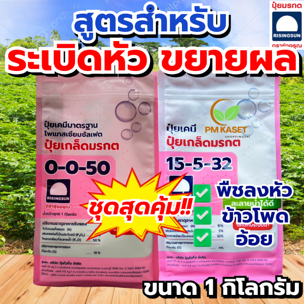 ชุดระเบิดหัวมัน ปุ๋ยเกล็ดสูตร 15-5-32 + 0-0-50 กระตุ้นการสร้างแป้งเพิ่มน้ำหนัก ขยายผล 1กิโลกรัม