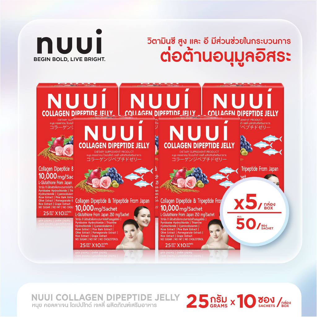 ซื้อ1แถม1 หมดเขต 31/01 NUUI COLLAGEN DIPEPTIDE JELLY 10000 mg หนุยคอลลาเจน ไดเปปไทด์+ไตรเปปไทด์ (5 กล่อง 50 ซอง)