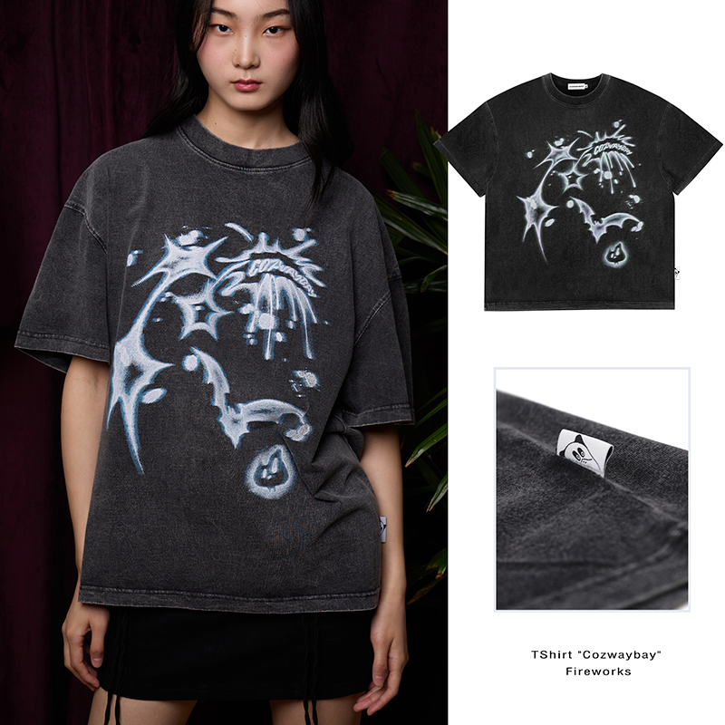 พร้อมส่ง!! เสื้อ Oversize Boxy ผ้าฟอก(เทา) "Cozwaybay" รุ่น Fireworks