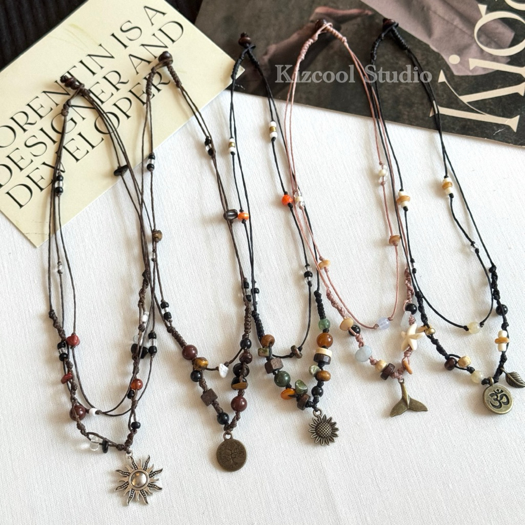 Kizcool Studio | สร้อยคอเชือกเทียนถักจี้สแตนเลส ถักหิน งานhandmade ไปทะเล สไตล์วินเทจ แฟชั่น ยุคสมัย