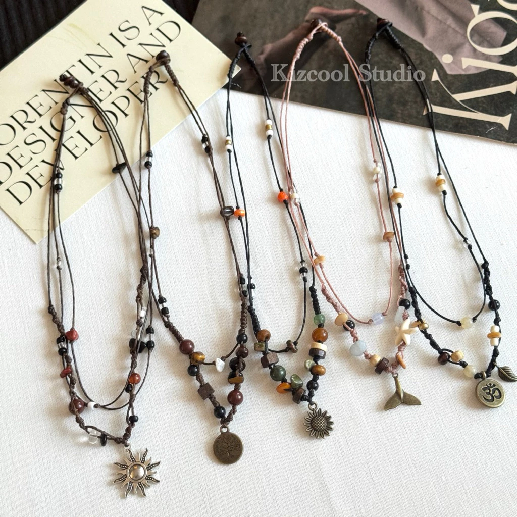 Kizcool Studio | สร้อยคอเชือกเทียนถักจี้สแตนเลส ถักหิน งานhandmade ไปทะเล สไตล์วินเทจ แฟชั่น ยุคสมัย