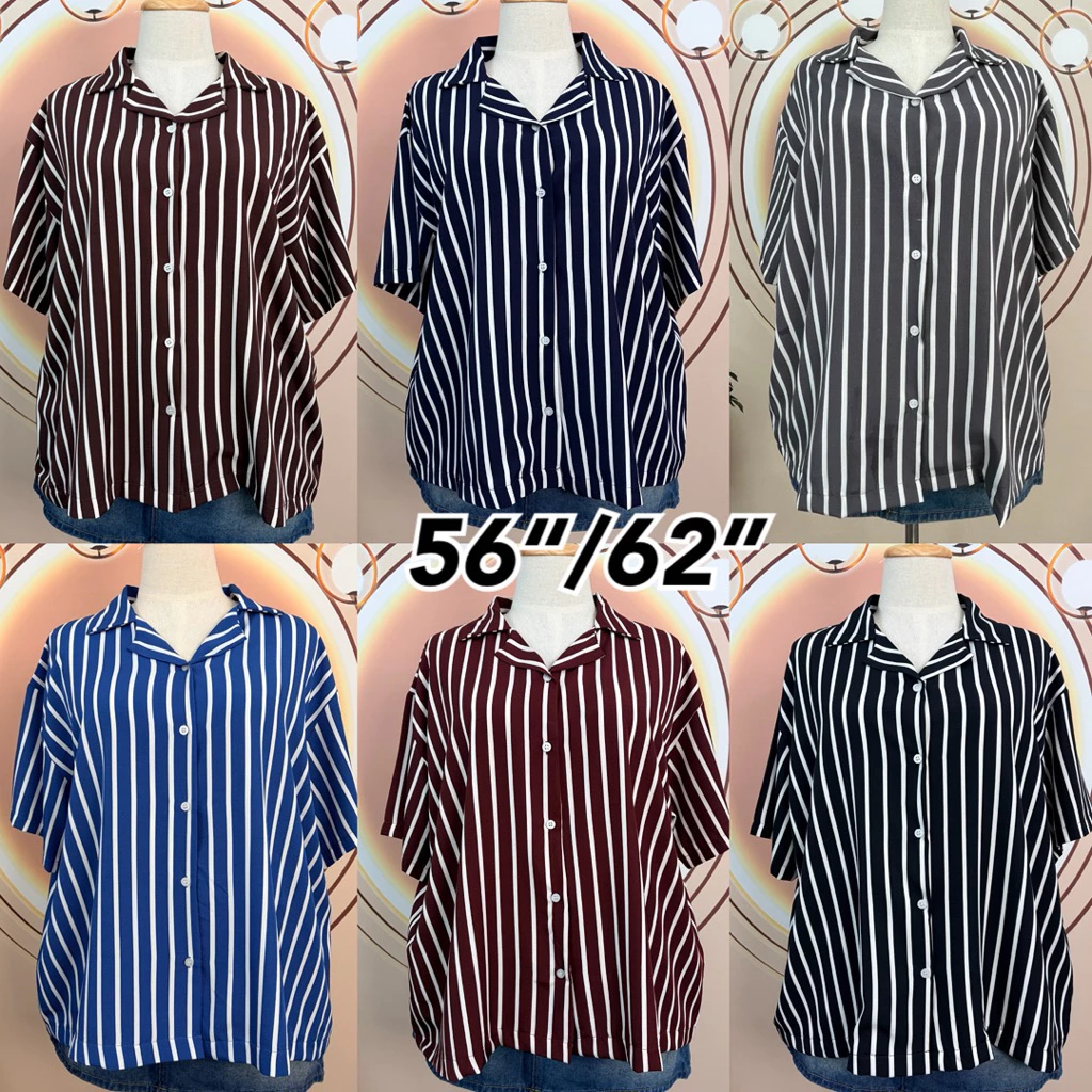 Goodly. เสื้อเชิ๊ตลายริ้ว แขนสั้น ไซส์ใหญ่56“/62”