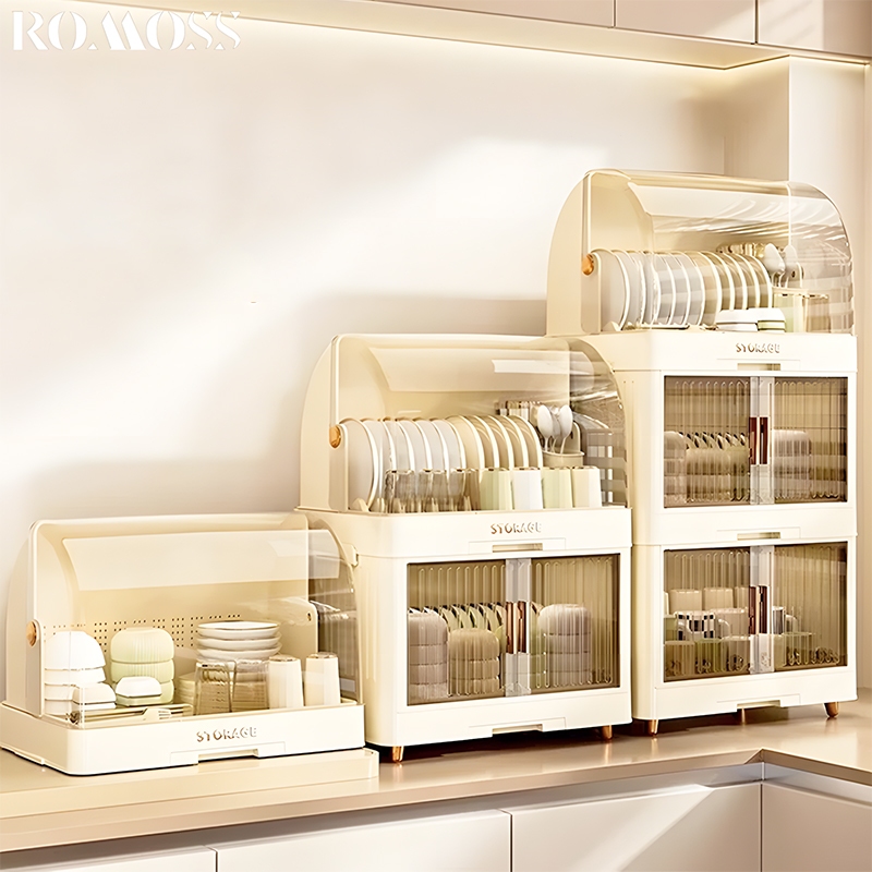 ชั้นวางจานอัพเกรด ROMO ตู้เก็บจานชามพร้อมฝาปิด ป้องกันฝุ่น แมลง ระบายน้ำดี
