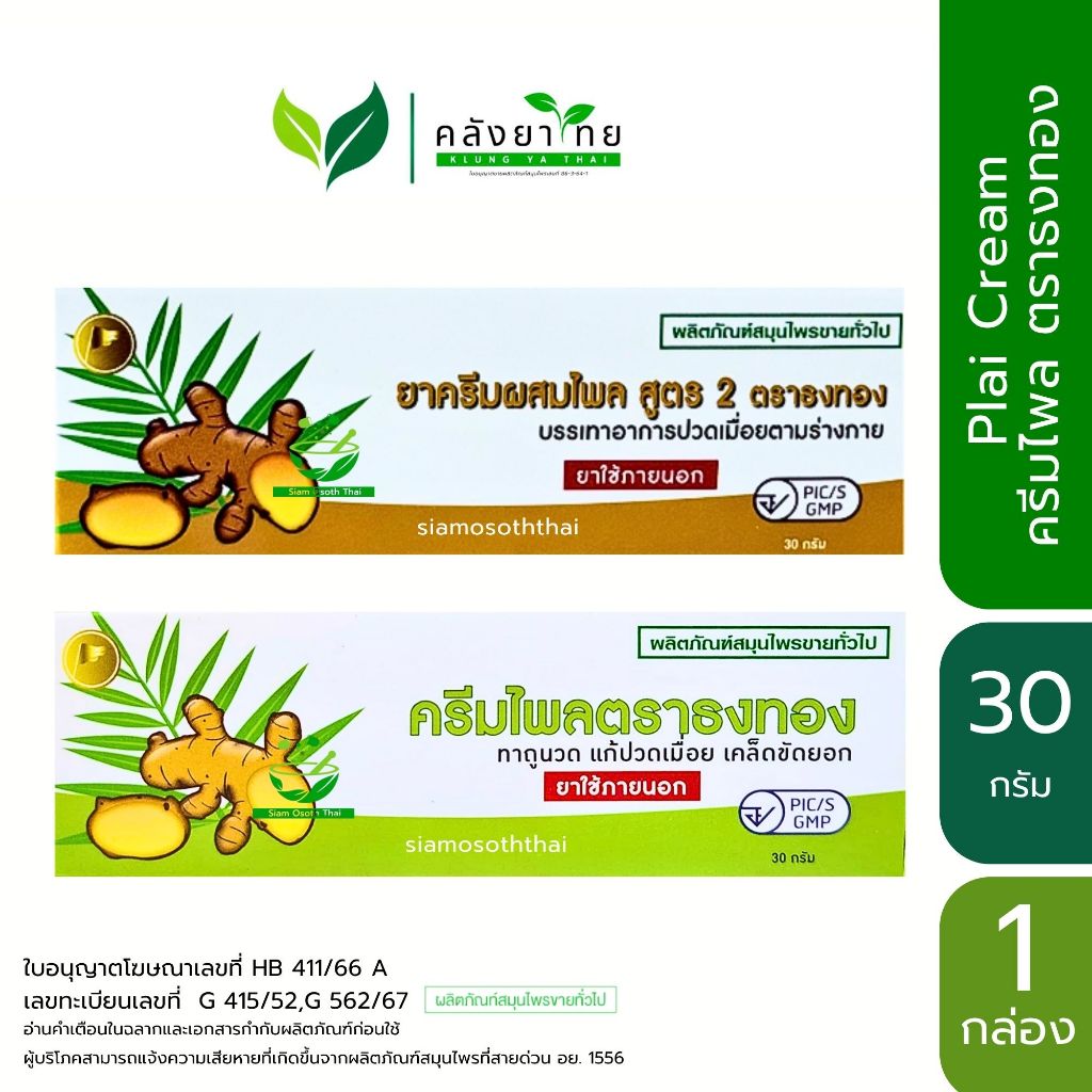 ยาครีมไพล ตราธงทอง Plai Cream สูตร 1,สูตร 2 ขนาด 30 กรัม/หลอด