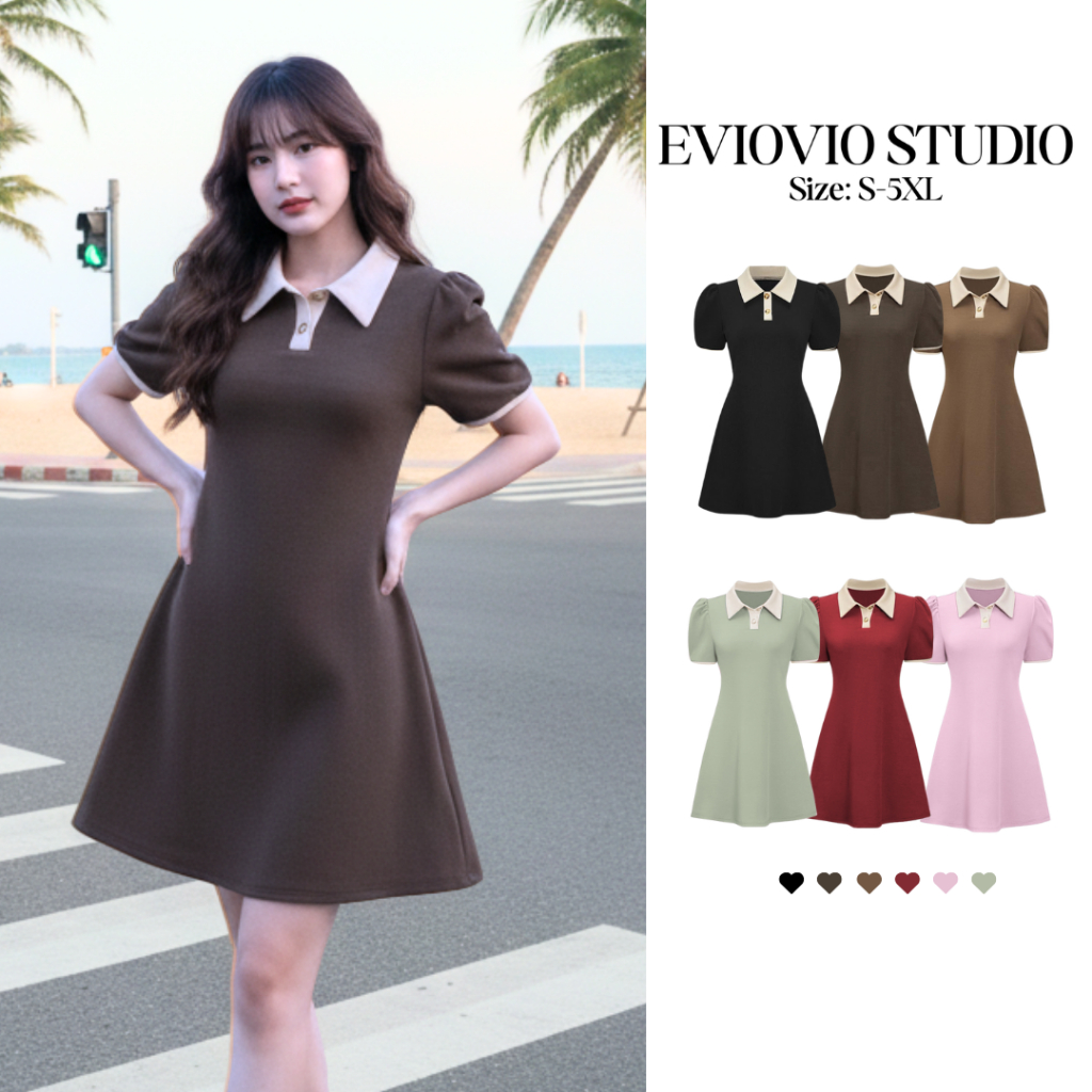 【EVIOVIO】พร้มส่งจากไทย🤍S-5XL💫 เดรสสั้นสไตล์มินิมอล คอปกตัดสี แขนตุ๊กตา ดูดีมีระดับ เดรสสาวอวบ พลัสไซซ์ เดรสออกงาน
