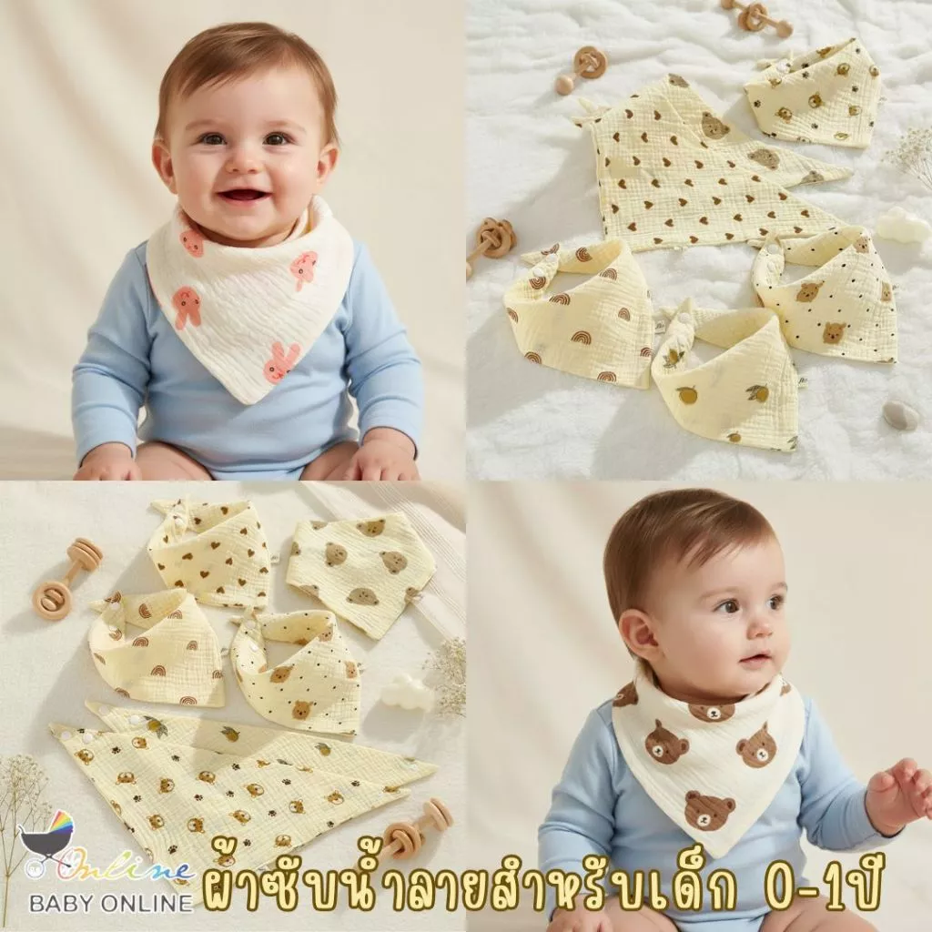 Babyonline(R030)I2-OF5 (ส่งด่วน1วัน)ผ้าซับน้ำลายแบบมีกระดุมลายน่ารัก ซึมซับดี ผ้าฝ้าย