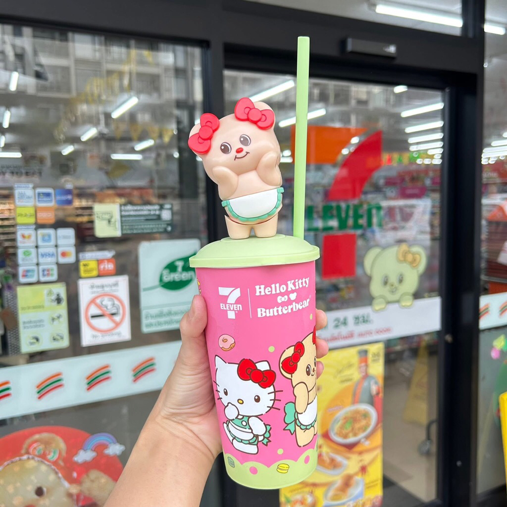 (ทักขอลด20%) แก้วน้ำ All Cafe Butter Bear x Hello Kitty แก้วน้ำ หมีเนย จาก All Cafe 7-11