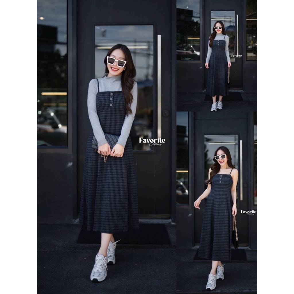 •FAVORITE• FVR 30455 Set เสื้อไหมพรมแขนยาวคอปีน มาพร้อมเดรสสายเดี่ยวลายสก็อตแต่งกระดุมหน้า