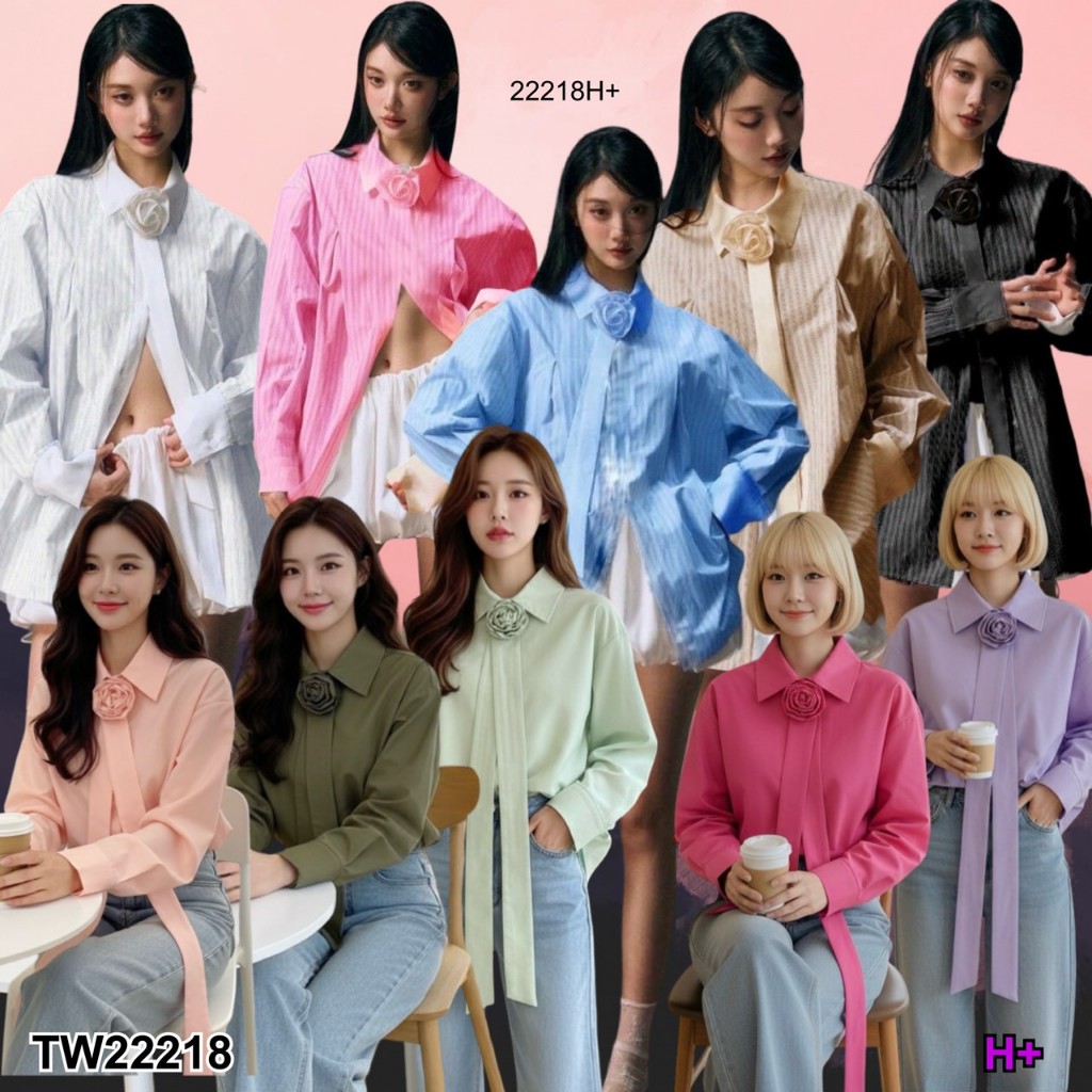 TwinsShopVip💗พร้อมส่ง TW22218  เสื้อเชิ้ตแขนยาว แต่งกุหลาบคอเป็นเข็มกลัด ..