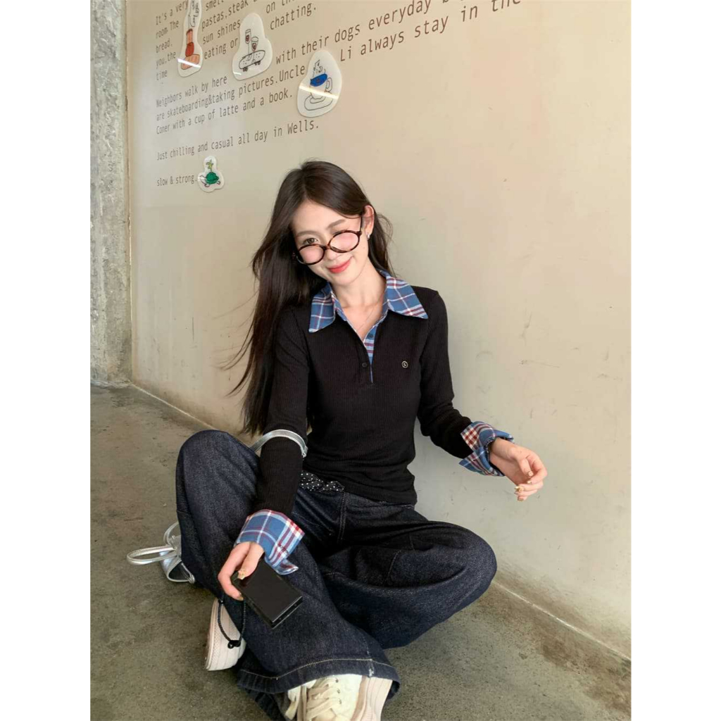 เสื้อแขนยาว ผ้าร่อง สีดำ คอปกกระดุม ต่อผ้าลายสก็อต มีโลโก้ เข้ารูป สไตล์ Preppy แฟชั่นเกาหลี #1772 - รูปที่ 7