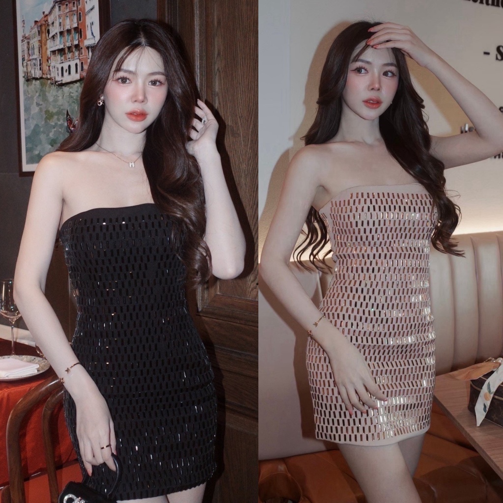 🚩ร้านโค้ดคุ้ม🚩Kulist 20 เดรสเกาะอกสีเบจ แต่งเพชร สวย หรูหรา ใส่ออกงาน ดินเนอร์ ปาร์ตี้ เที่ยว