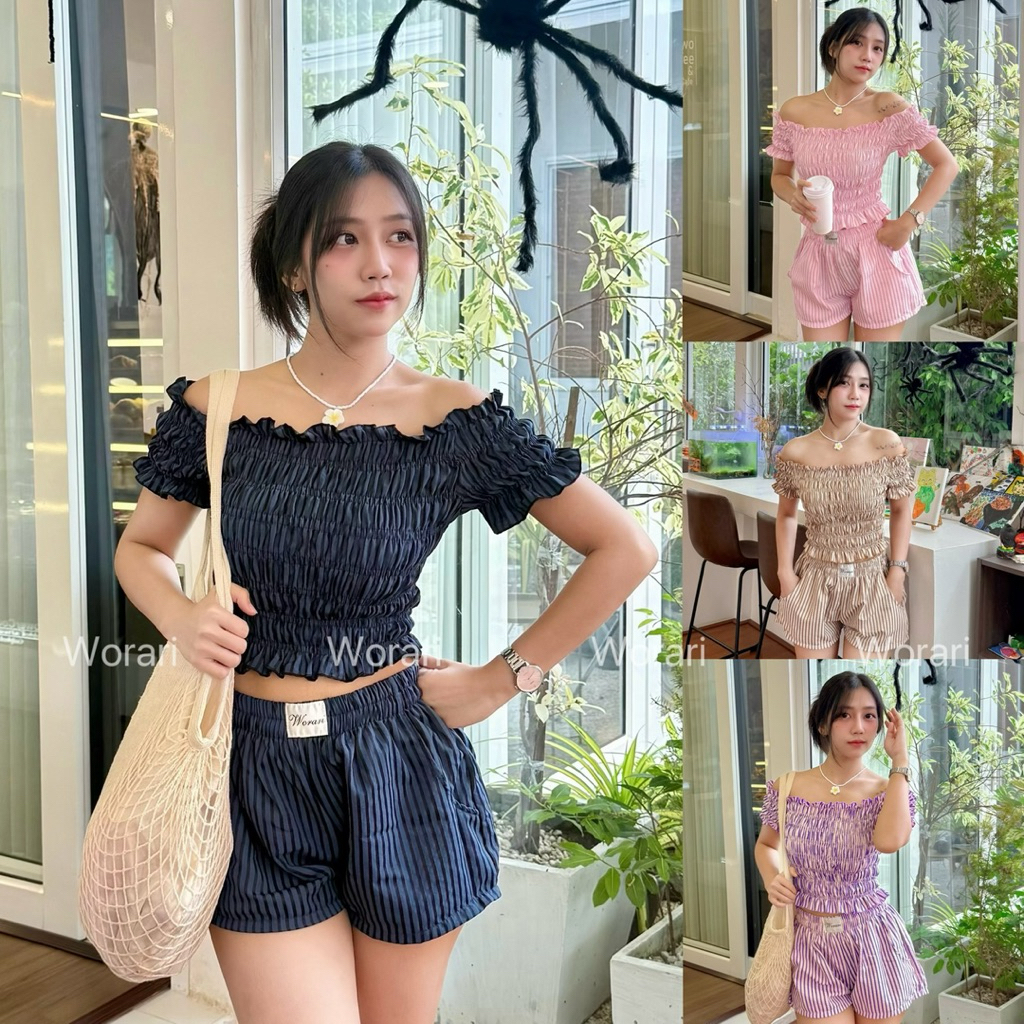 Lovely set เซ็ตขาสั้นเสื้อปาดไหล่ อก26-40 เอว22-32 สะโพก44