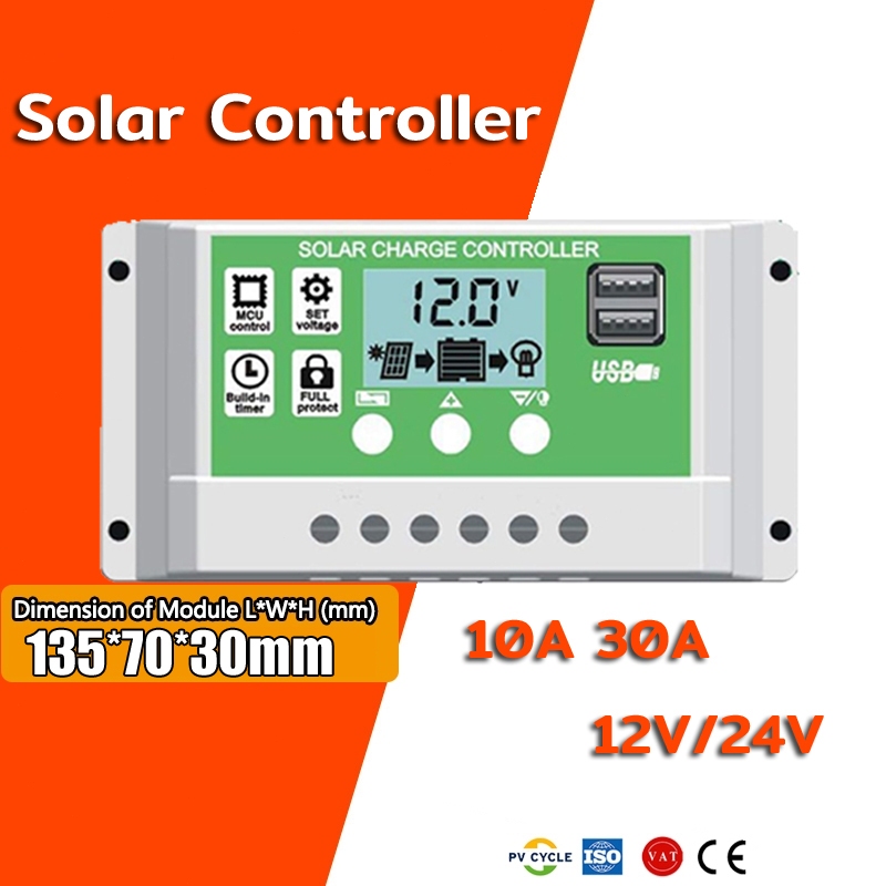 ตัวควบคุมการชาร์จพลังงานแสงอาทิตย์ 12V/24V PWM  พร้อมการตั้งค่าจับเวลาจอแสดงผล LCD แบบปรับได้