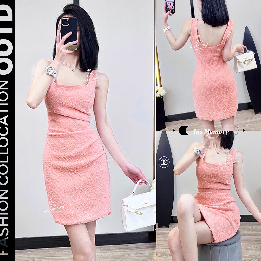 พร้อมส่ง เดรสเกาหลี คอเหลี่ยม สายเดี่ยว ดีเทลแต่งจับย่นข้าง ผ้าสปันเนื้อหนา ซิปหลัง สไตล์เกาหลี