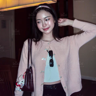 [W0339] เสื้อคาร์ดิแกนแขนยาว ไหมพรม ดีเทลกระดุมมุกแต่งโบว์ งานน่ารักหวานๆ สไตล์เกาหลี ผ้านุ่มใส่สบาย