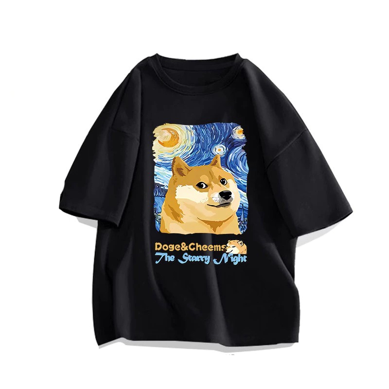 เสื้อยืดพิมพ์ลายลูกสุนัขสุดน่ารัก Doge & The Starry Night แขนสั้น คอกลม สำหรับผู้ชาย S-5XL VT
