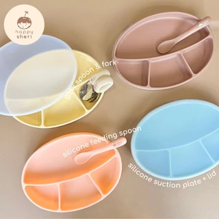 Happy Sheri จานซิลิโคนก้นดูด BLW พร้อมฝาปิด | silicone suction plate + lid ฐานใหญ่ ดูดโต๊ะแน่น จานเด็กดูดโต๊ะได้