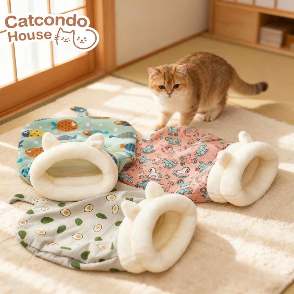Cathouse ถุงนอน55x45cm ถุงนอนแมวลายการ์ตูนน่ารัก ผ้าฝ้ายขนนุ่ม พับเก็บได้ ใช้ได้ทั้งนอนและเล่น