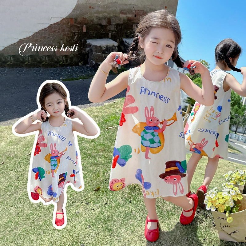PRINCESS KESLI การ์ตูนกระต่ายพิมพ์ชุดเดรสแขนกุดฤดูร้อนดอกไม้กราฟฟิตีสาวเสื้อกั๊กเครื่องแต่งกายเด็กชุดลําลอง สไตล์เกาหลี