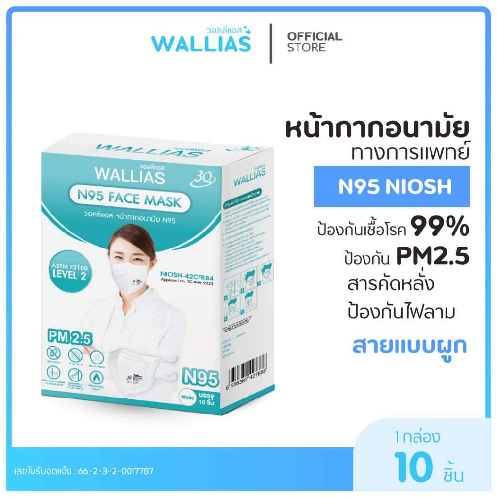 【แมสN95 NIOSH】WALLIAS N95 แบบ10ชิ้น/20ชิ้น  Face Mask หน้ากากอนามัยป้องกันฝุ่นPM 2.5 NIOSH (คุณภาพป้