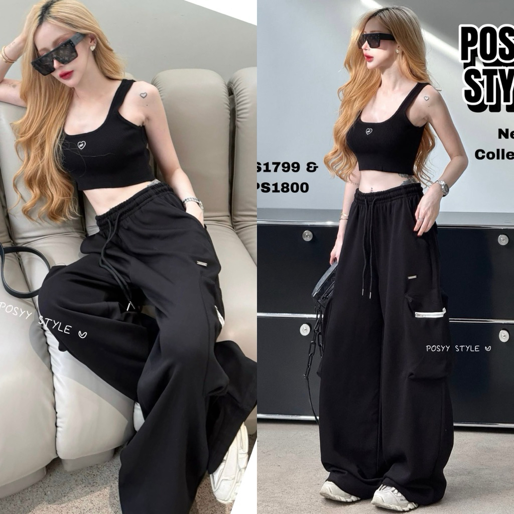 🔥🔥 Posyy Style งานตามหา คอลใหม่ ทั้งชุด มือ 1 ป้ายห้อย ✅ - Set เสื้อกล้ามครอป ไหมพรม + กางเกงวอร์มทรงกระบอกใหญ่ ☑️☑️