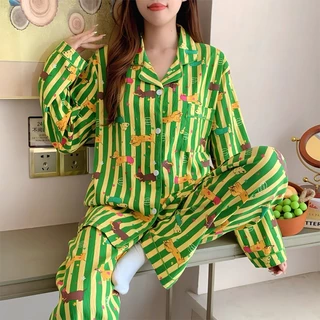 💚ชุดนอนผ้าไหมญี่ปุ่น ชุดนอนแฟชั่นแขนยาวขายาวสตรี ผ้าฝ้ายนุ่มนุ่มใส่สบาย บิ๊กไซส์L-4XL