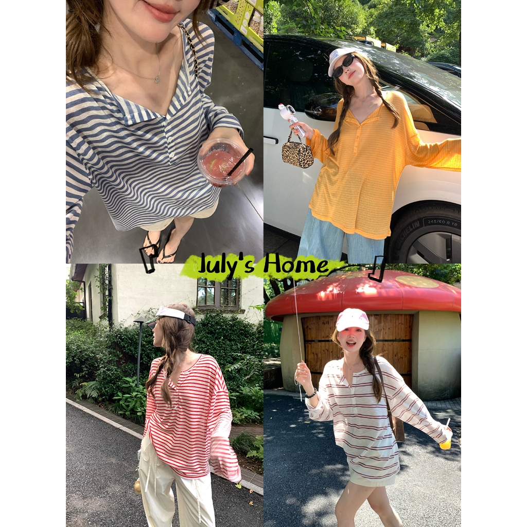 4สี เสื้อกันแดด เสื้อยืดผู้หญิง สไตล์เกาหลี ลายทาง แมทช์ง่ายมาก#J2412