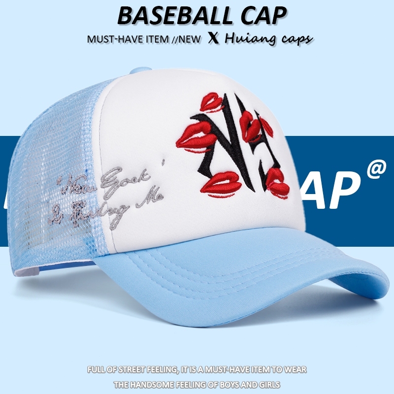 Topi เบสบอล NY Bibir merah เย็บปักถักร้อยต้นฉบับ Topi รถบรรทุกหมวก Casual Distro แฟชั่น Pria Wanita