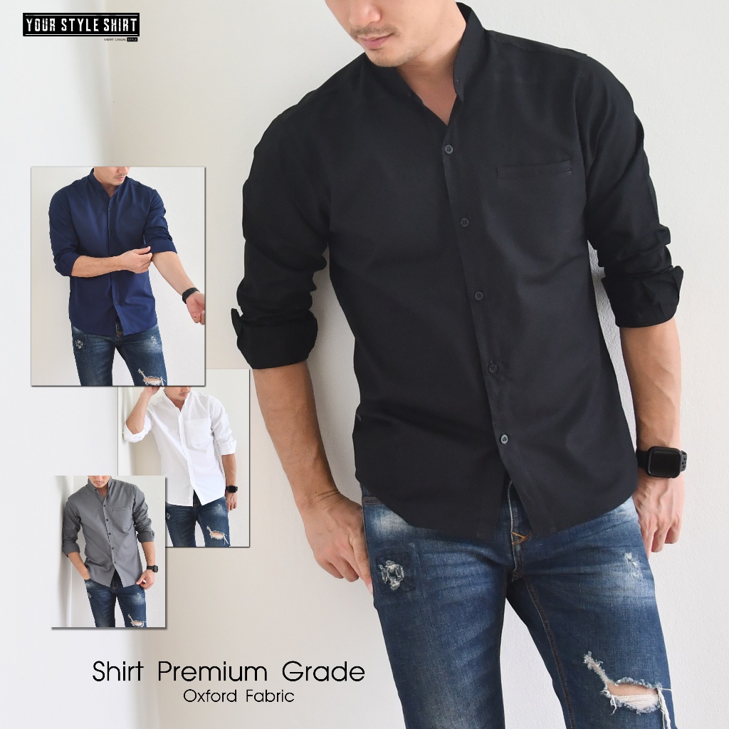 (มี 9 สี) เสื้อเชิ้ตคอจีน แขนยาว สำหรับผู้ชาย ทรงเข้ารูป ผลิตจากผ้า Oxford Premium Grade เสื้อเชิ้ตแขนยาว เสื้อสีดำ