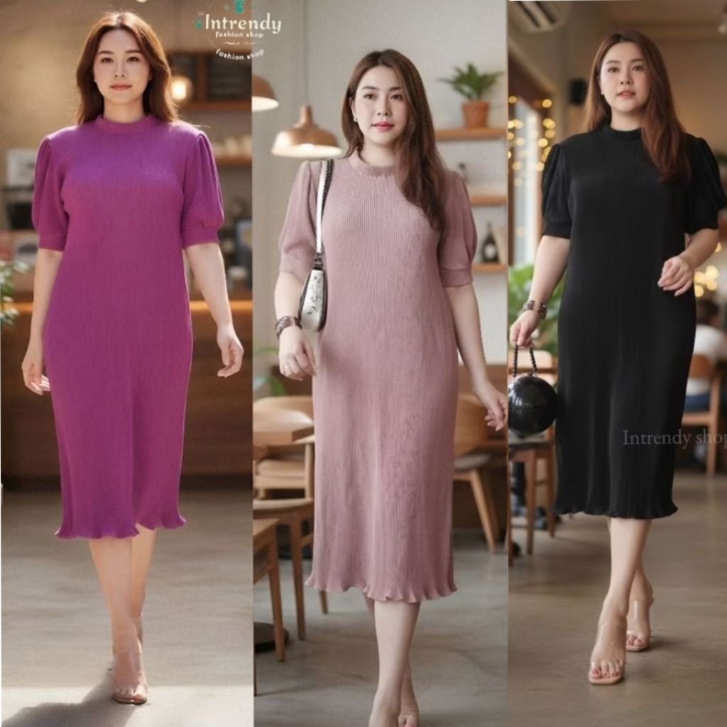 พร้อมส่ง.เดรสพลีทแขนตุ๊กตาสาวอวบ( สีดำเข้าเพิ่มแล้วค่ะ)Doll arm dress peat(อก:36- 54 นิ้ว)ใส่สวย ผ้าดีพลีทแน่นไม่บาง.