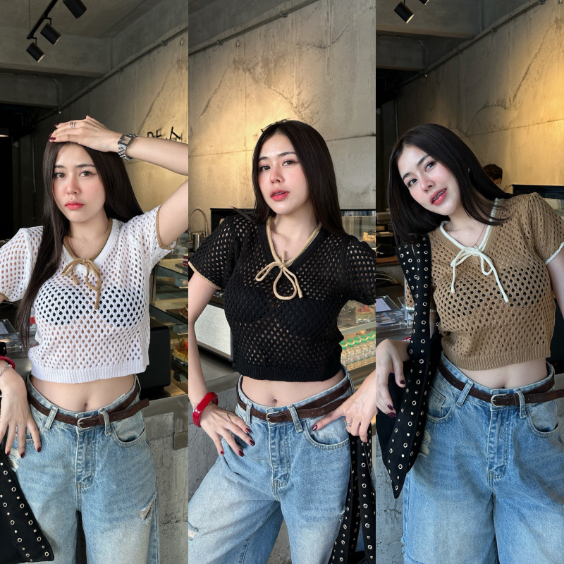 เสื้อครอปเอวลอย เสื้อครอป ผ้าไหมพรมทอลายฉลุ พร้อมส่ง สาวอวบใส่ได้ แต่งขอบผูกทูโทน เสื้อใส่เที่ยวทะเล รุ่น เงินก้อน