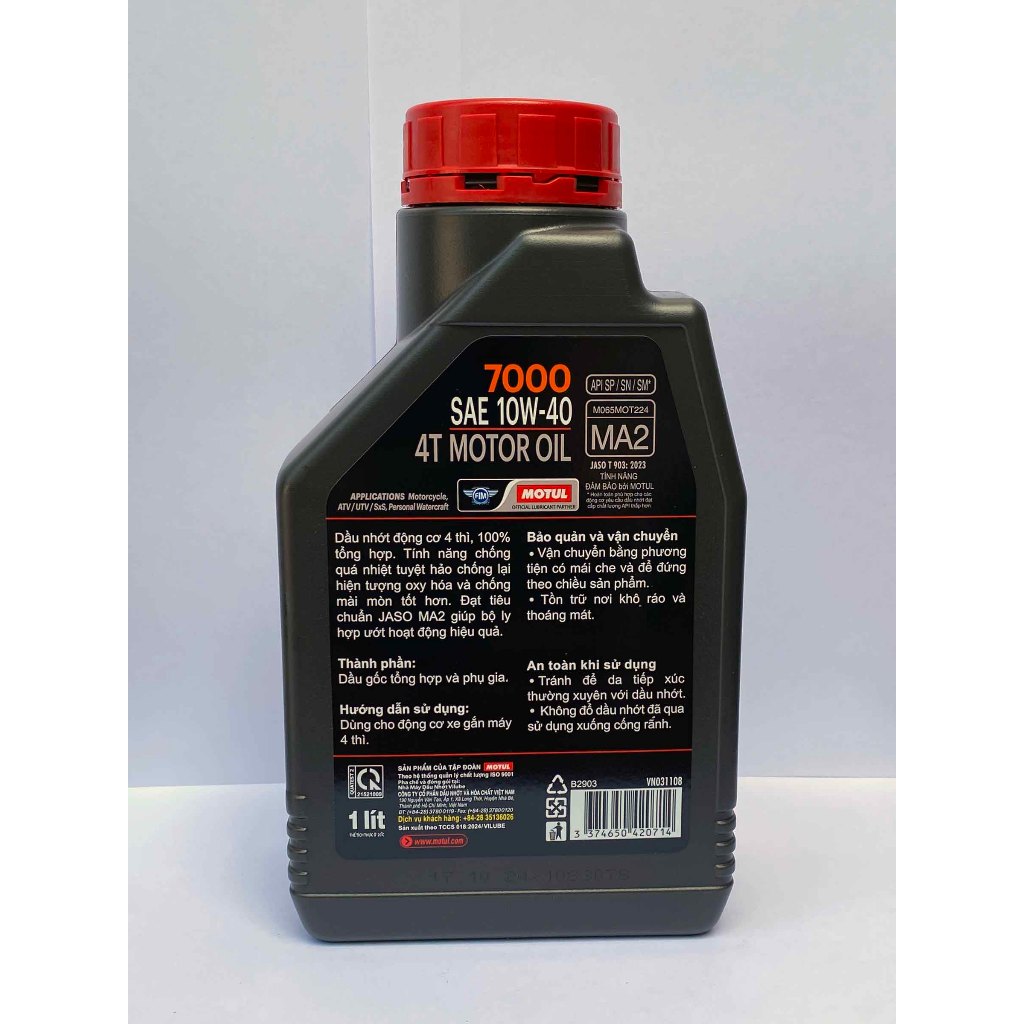 น้ำมันเครื่องสังเคราะห์แท้100% Motul โมตุล 7000 4T 10W-40 Synthetic 1L. สำหรับรถมอเตอร์ไค์ 4 จังหวะ