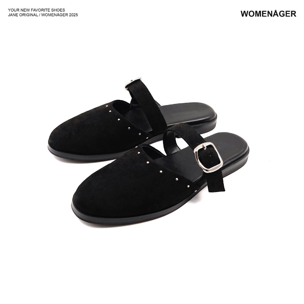 womenager - Jane Original สี Black suede with metal studs รองเท้าแตะคัทชูเปิดส้น สวมใส่ง่าย