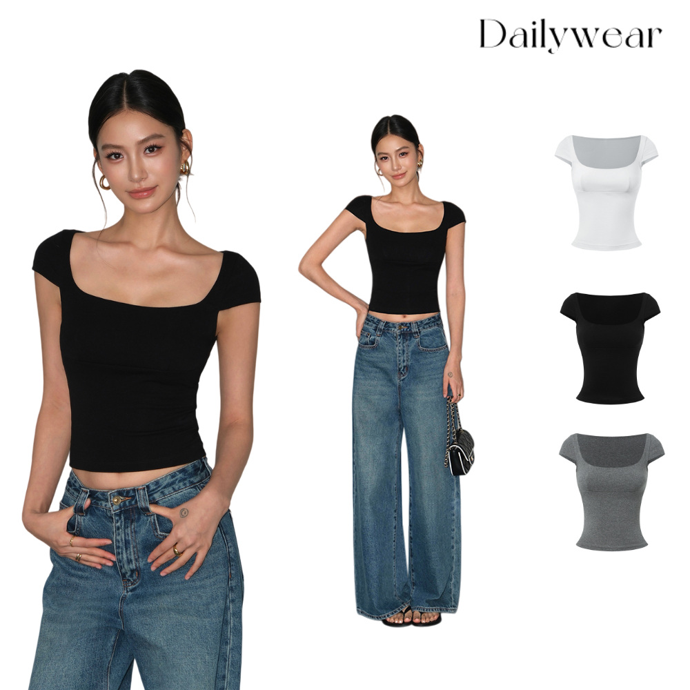Dailywear พร้อมส่ง✨ เสื้อยืดผู้หญิง คอสี่เหลี่ยม ดีไซน์เข้ารูป ยืดหยุ่นได้ สไตล์ สาวแซ่บ ทันสมัย