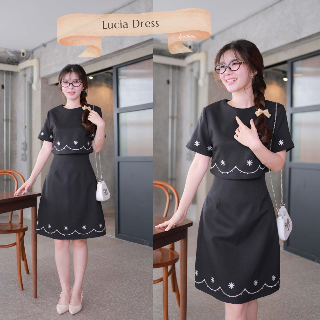 "Romi"Oil" Rosette Dress (Black) K302 ชุดเดรสสีดำ (สีพื้นระบายโค้งแต่งปัก)