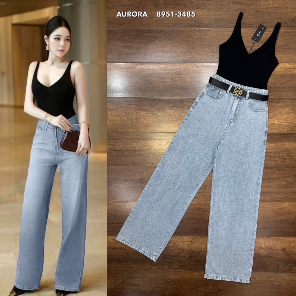 AURORA SETเสื้อบอดี้สูทสีดำผ้าหนานุ่มยืดหยุ่น+กางเกงยีนส์