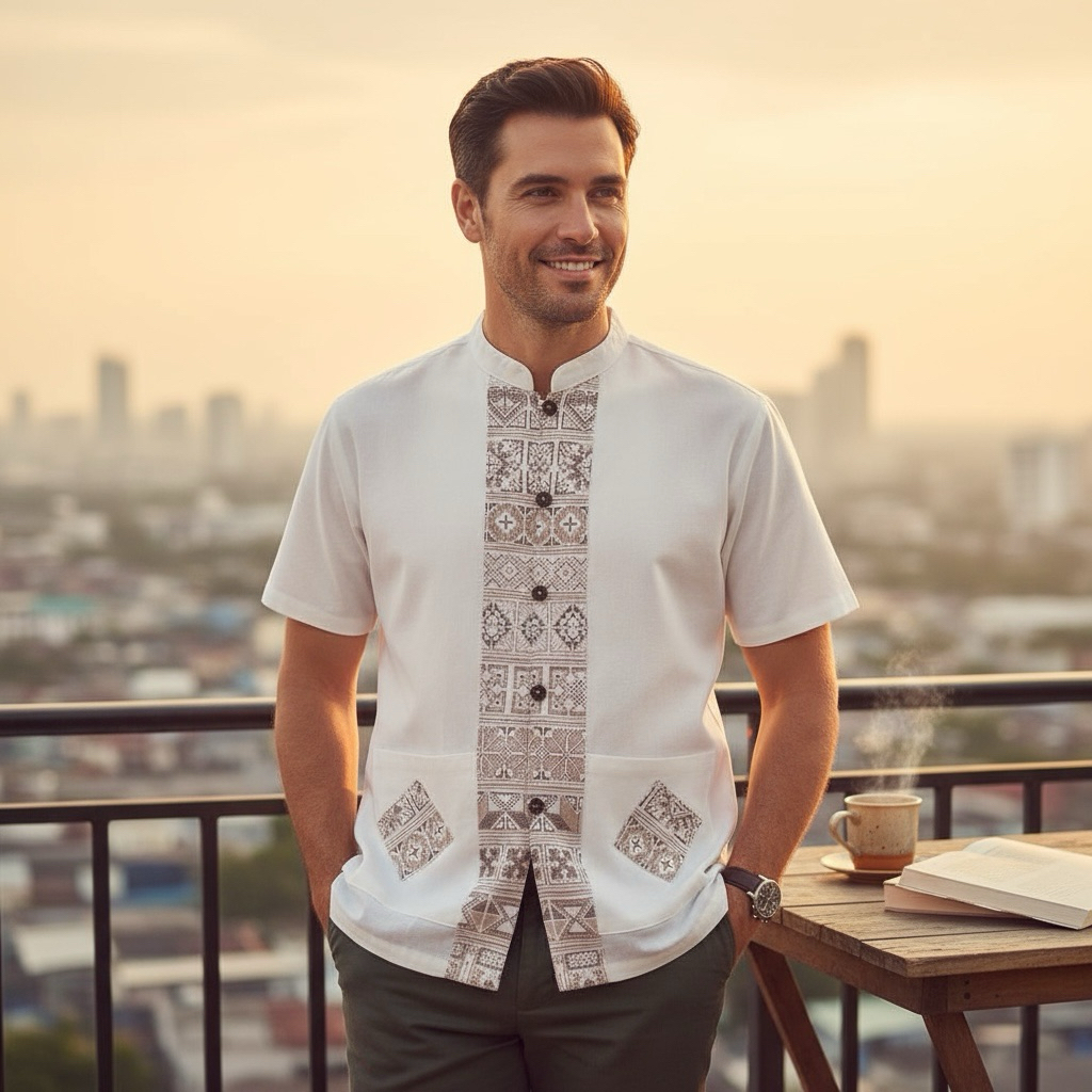 เสื้อผ้าฝ้าย-คอจีนแขนสั้น-สีขาว