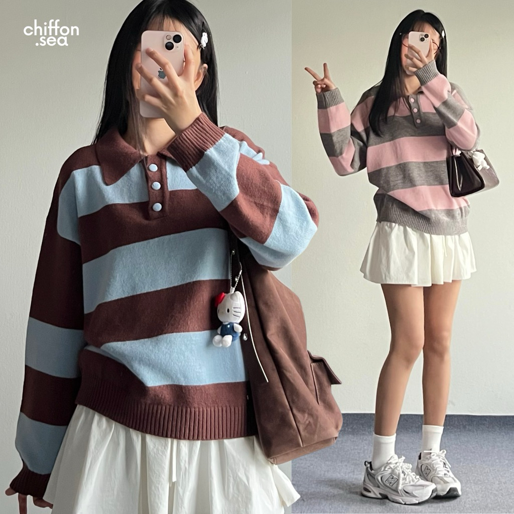Chiffon.sea | Jennie sweater สเวตเตอร์สีฟ้าน้ำตาล (ลดเหลือ 319.- ส่งฟรี ราคาพิเศษใน live)