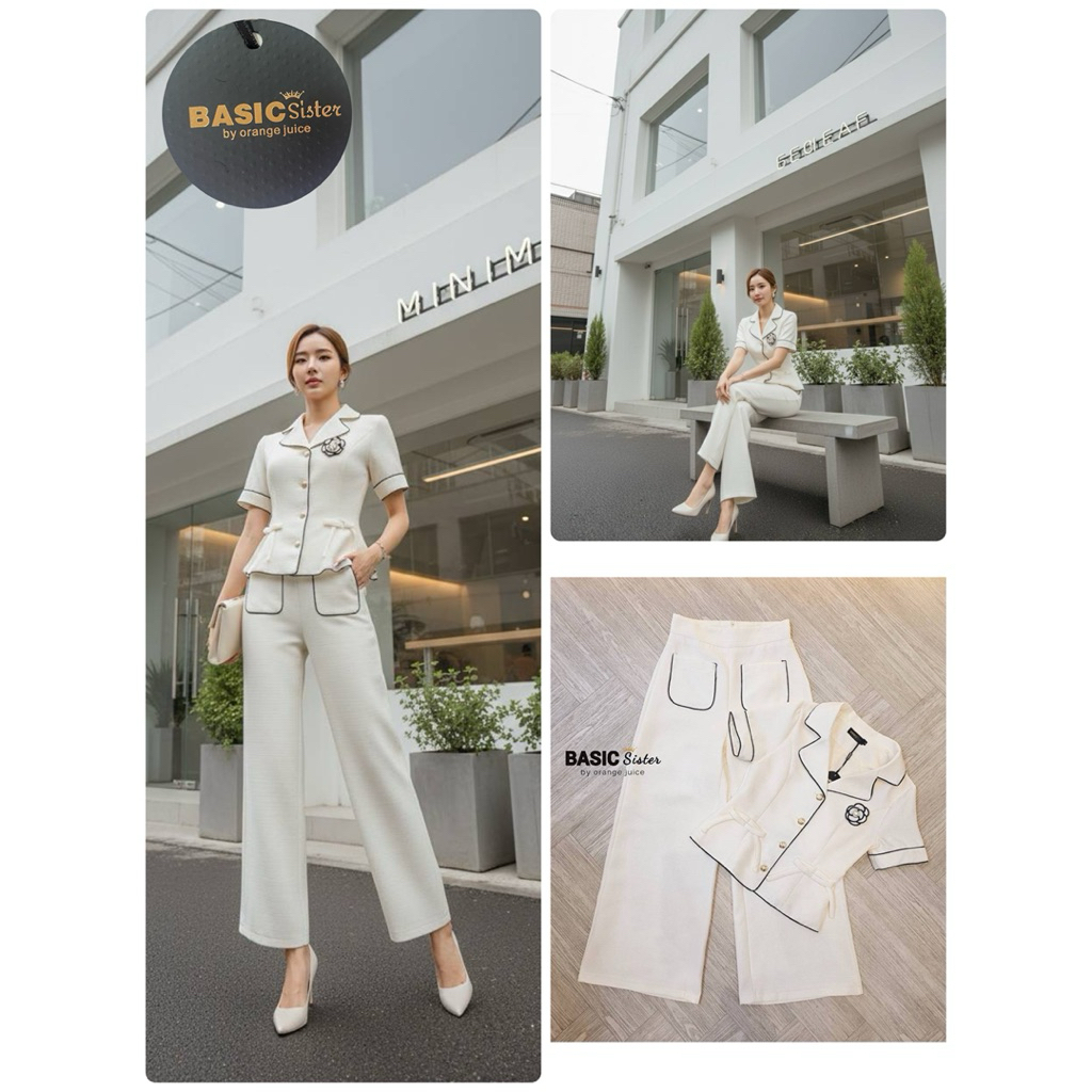 Basic sister งานป้าย เข้าใหม่ ชุดเซ็ตเสื้อ กาวเกง เข็มกลัด ผ้าทวิสนุ่ม