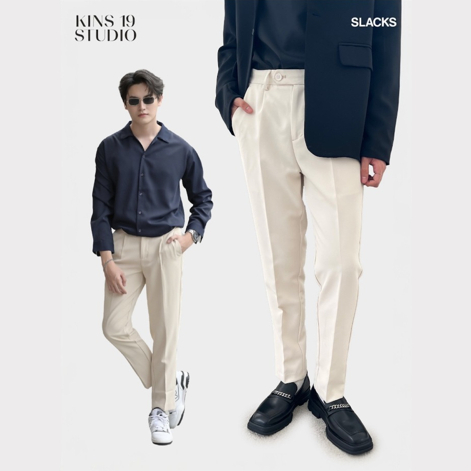 KINS | Slack pants กางเกงชาย กางเกงสแล็ค กระบอกเล็ก กางเกงสูท ชุดเข้าเซ็ทสูท (รหัส : KN217)