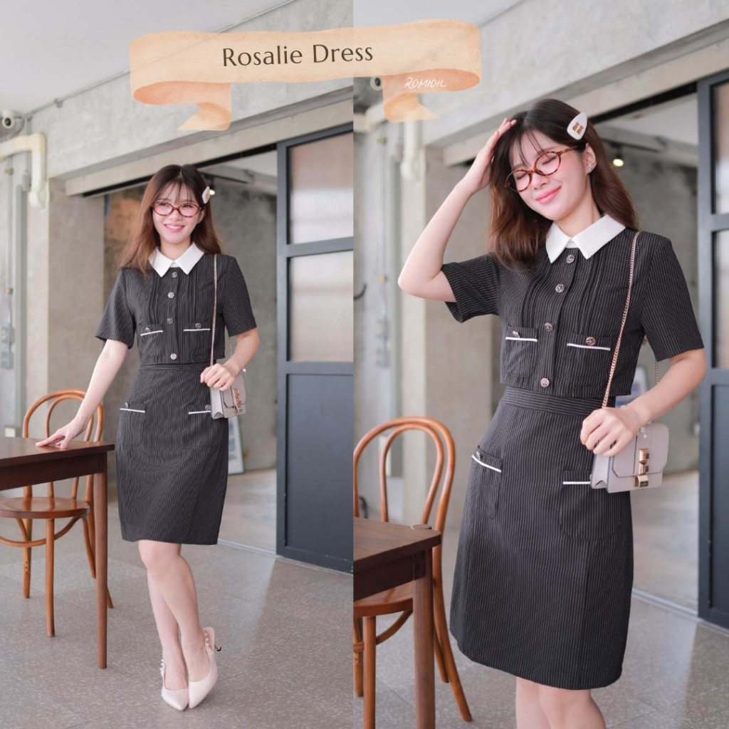 "Romi"Oil" Rosalie Dress (Black) K336 ชุดเดรสสีดำ (ลายทางคอปกสีขาว)
