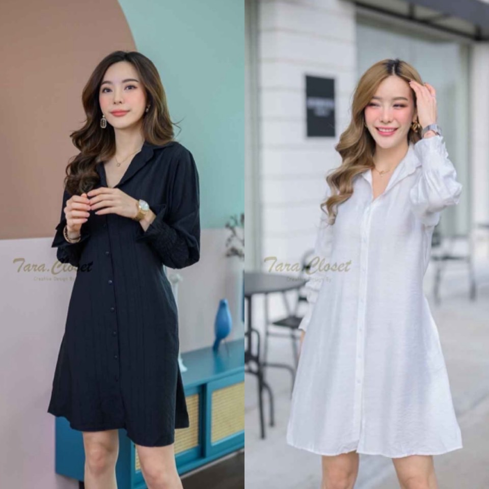 AUNG006 TARA Dress เดรสคอปก แขนยาว กระดุมหน้า ปลายแขนจั๊มแต่งระบาย เนื้อผ้าสลาฟลินิน ผ้าดี สวมใส่สบาย