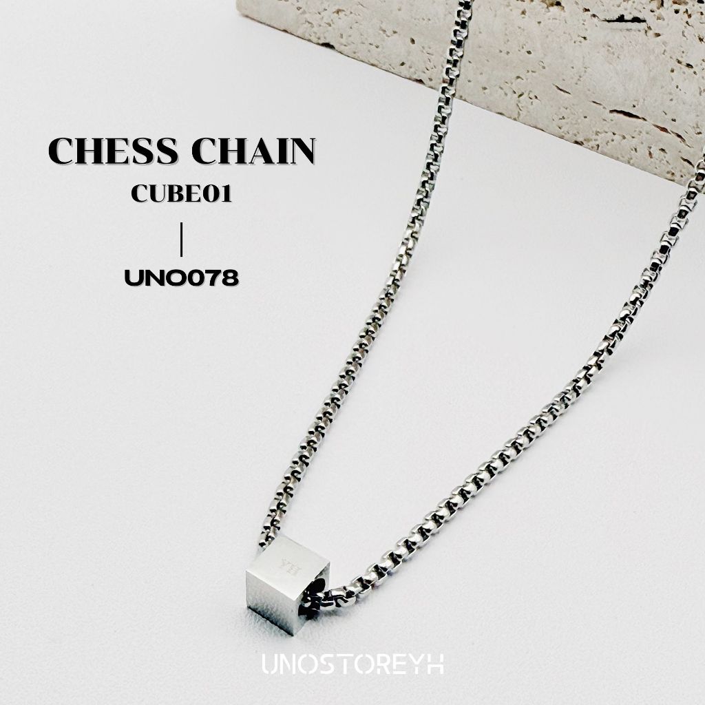 UNO078🔥 ⚠️อ่านวิธีการสั่งซื้อรูป2 ❗️ดูFontรูป3❗️”สร้อยคอChess chain จี้รุ่น CUBE01”(เฉพาะภาษาอังกฤษ1-4ตัวต่อด้าน)