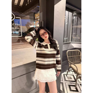 BY IRA Friday Sweater เสื้อโปโลแขนยาวผ้าไหมพรมทอลายทาง กระดุมหน้า ผ้าดีมาก